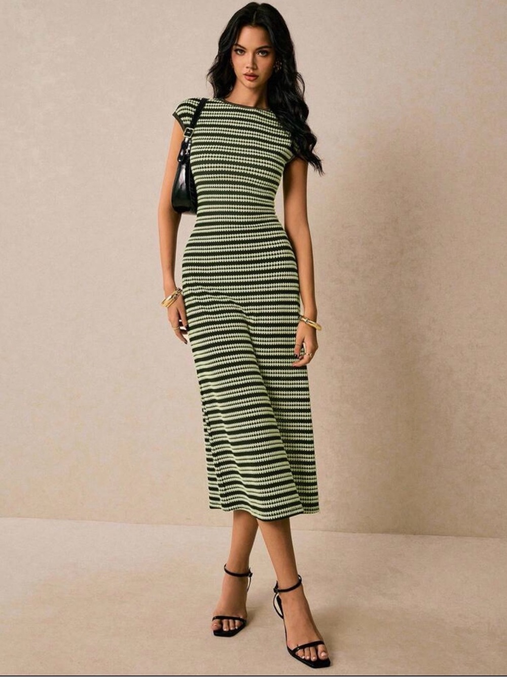 Striped Knit Midi Dress in Green and Tan